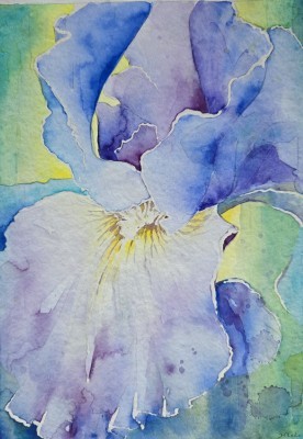 Aquarellbild einer abstrakten  Irisblüten in Blautönen